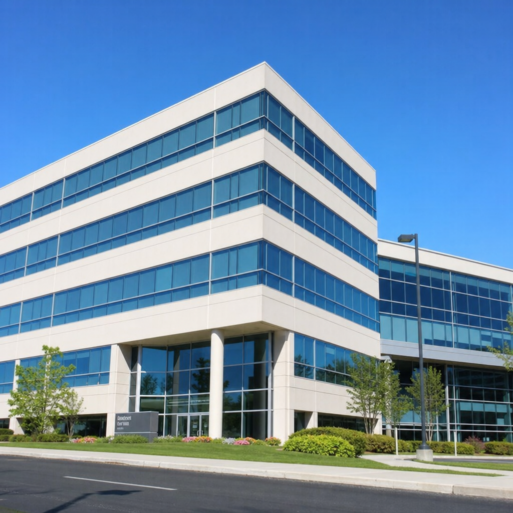 Modern commercial office building with clear blue sky