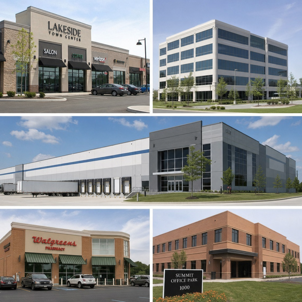 Various types of commercial real estate including retail, office, and industrial properties
