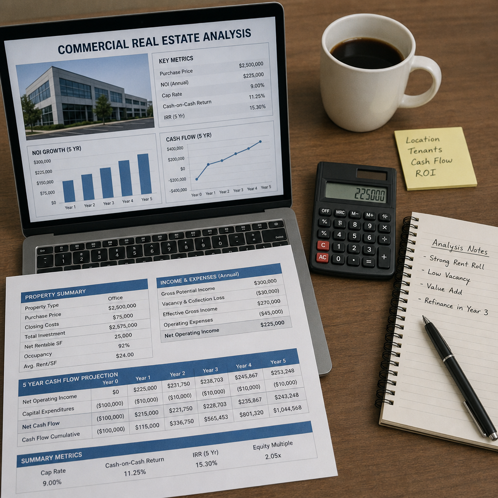 Financial charts and calculator on a desk showing commercial real estate analysis