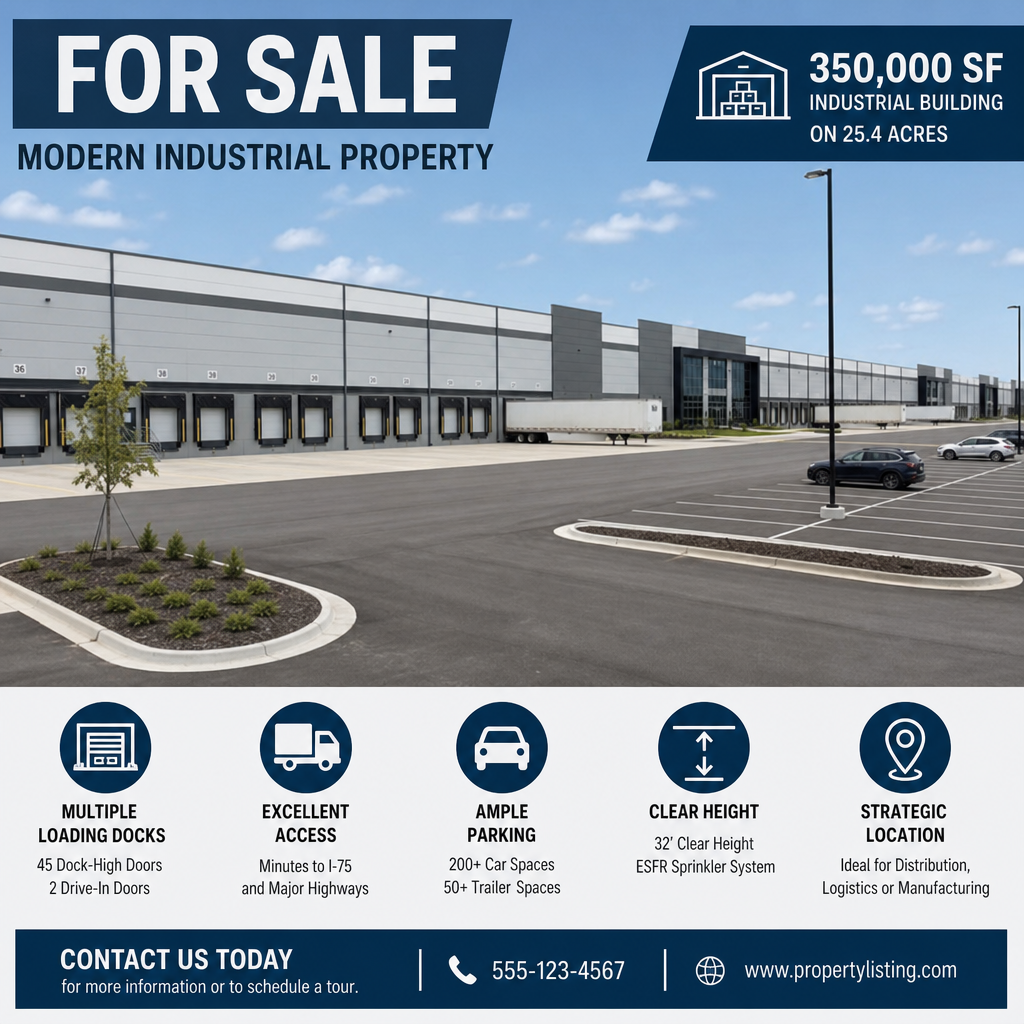 A sprawling modern industrial property for sale with multiple truck loading docks and ample parking