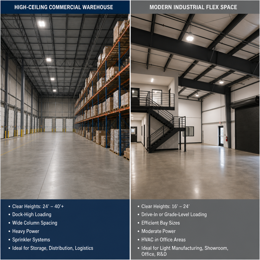 Interior comparison of a high-ceiling commercial warehouse and a modern industrial flex space
