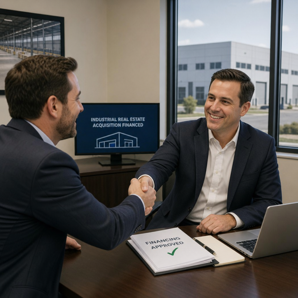 Financial expert and client shaking hands after successfully financing an industrial real estate acquisition
