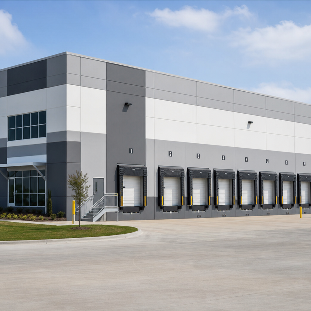 Modern commercial warehouse exterior with multiple loading docks