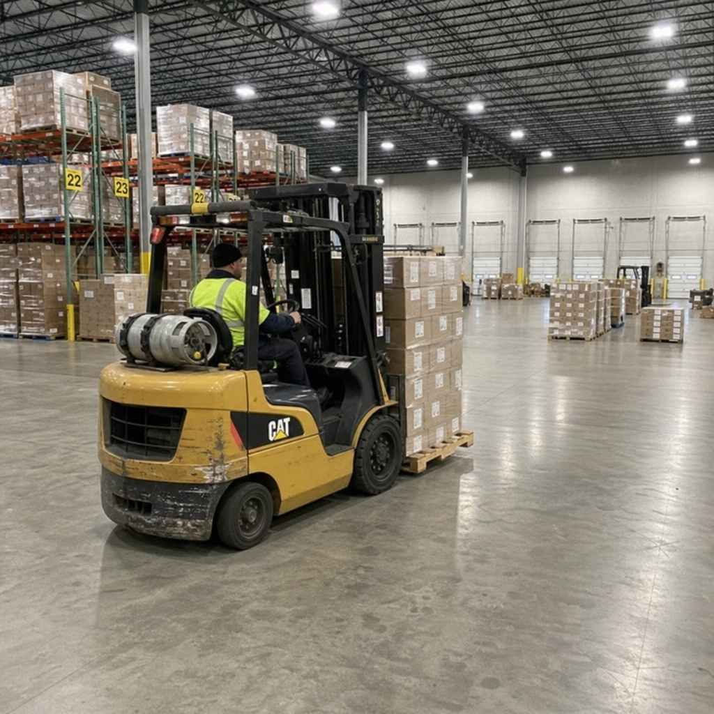 Forklift moving pallets inside a spacious, well-lit distribution center