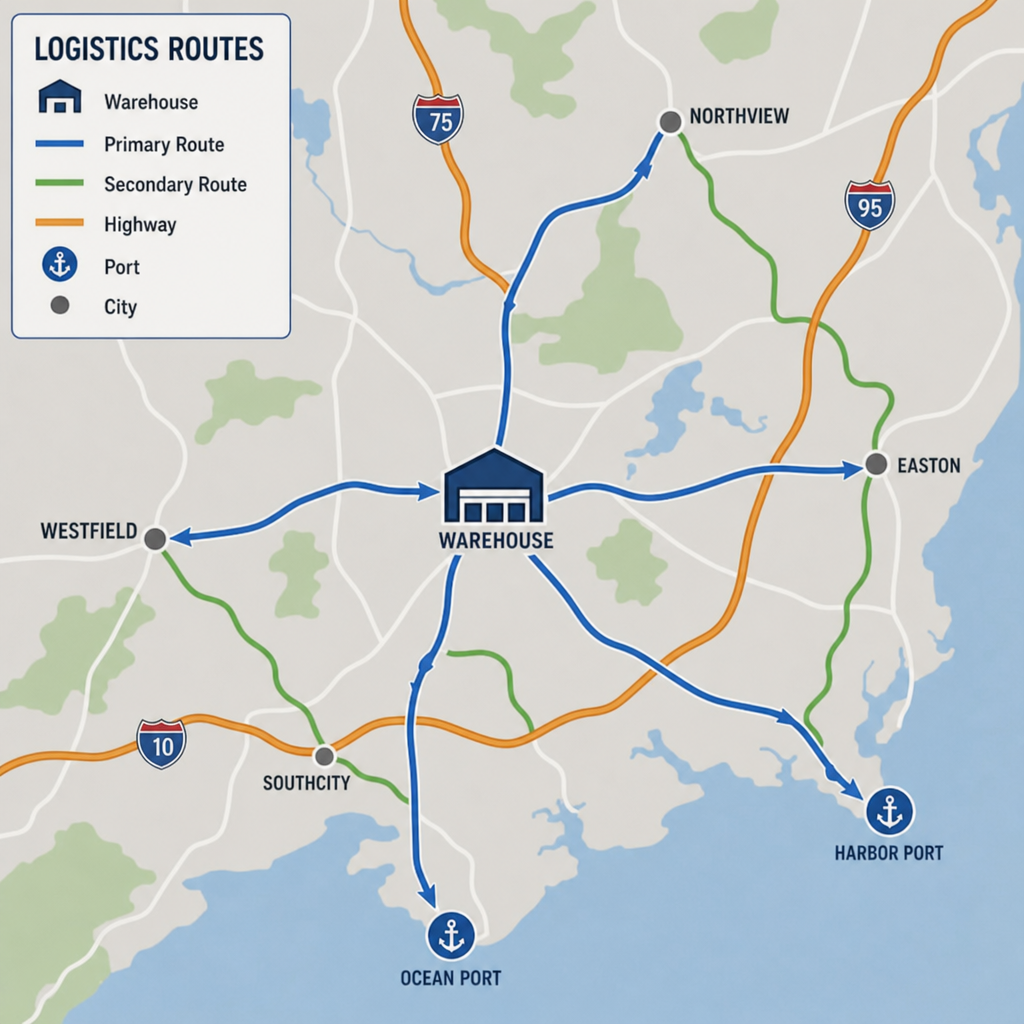Map graphic showing logistics routes connecting a warehouse to highways and ports
