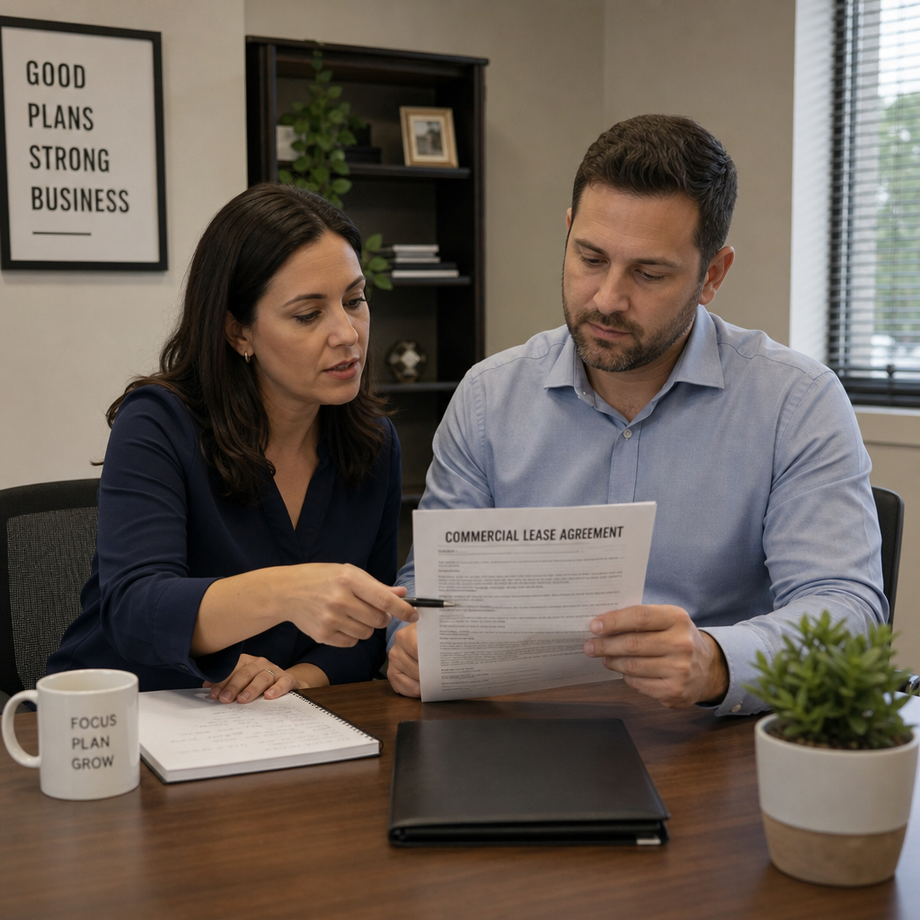 Business owners reviewing a commercial lease agreement at a desk