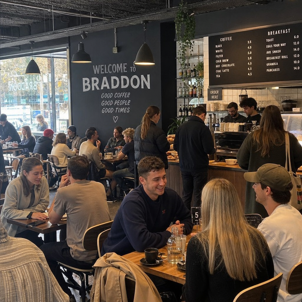 A bustling cafe in Braddon, Canberra showing a thriving local business environment in ENGLISH