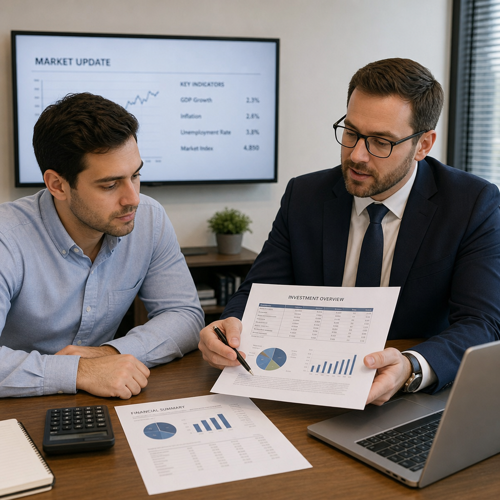 A professional business meeting between a buyer and a broker reviewing financial documents in ENGLISH