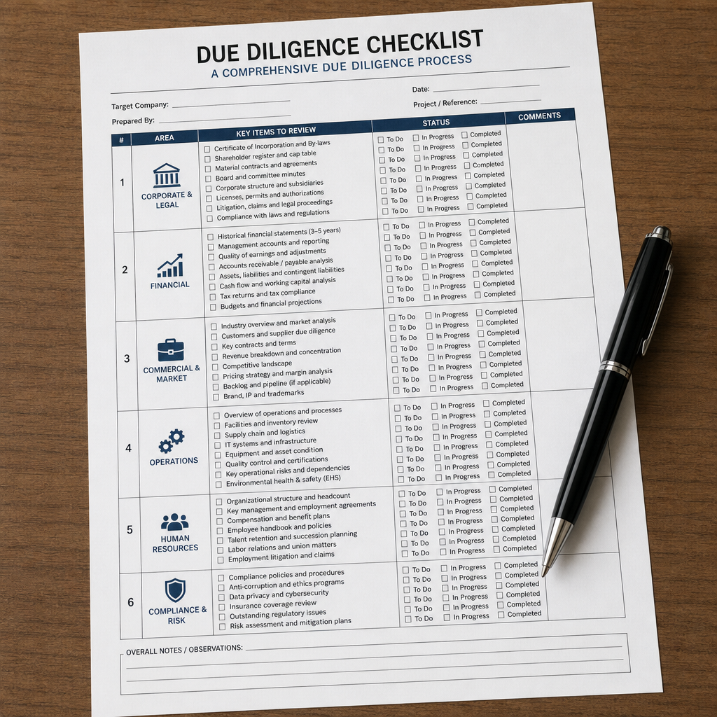 A detailed checklist document with a pen, representing the due diligence process in ENGLISH