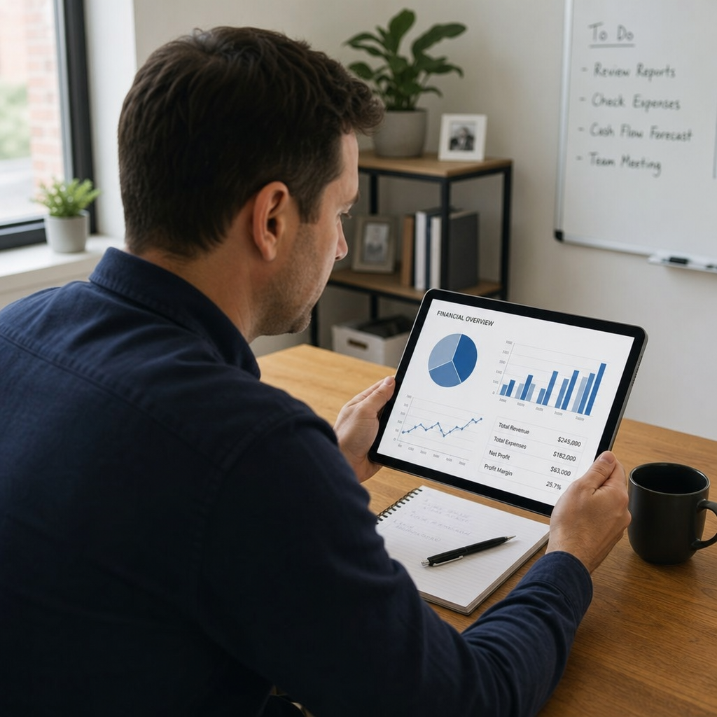 Business owner looking at financial charts on a tablet
