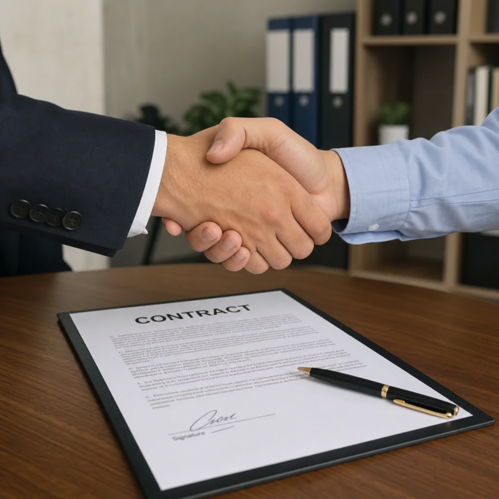 People shaking hands over a signed business contract