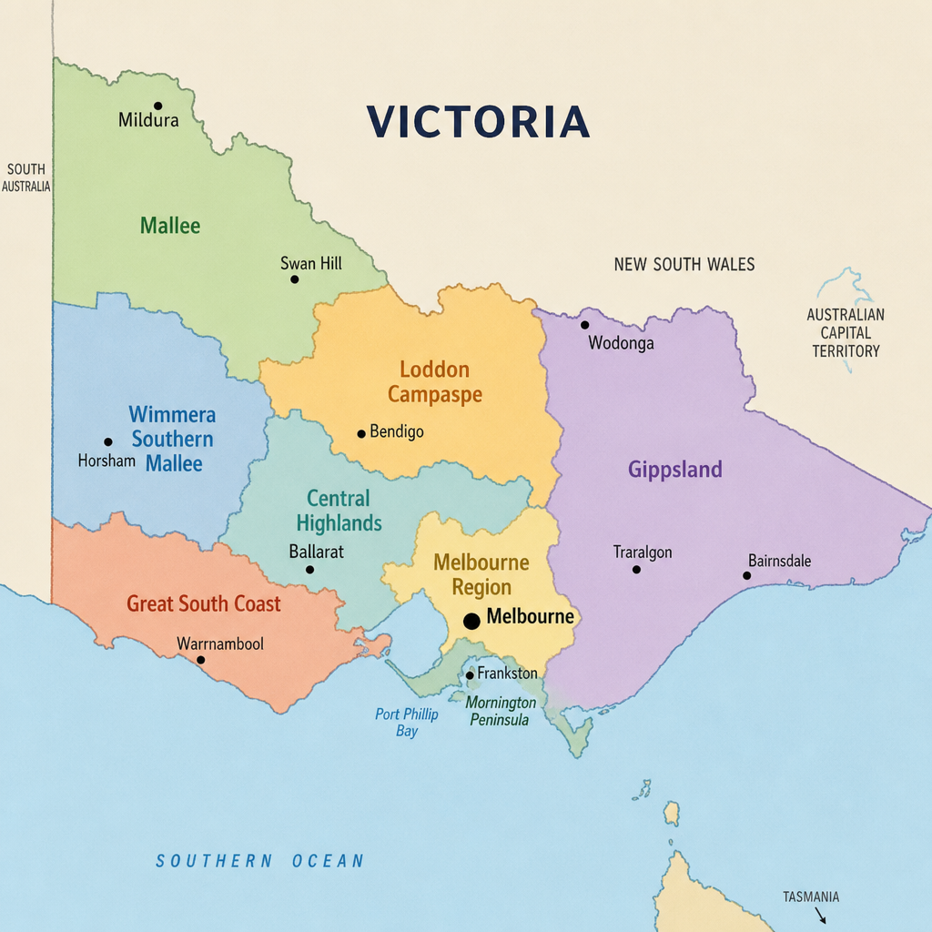 A map of Victoria highlighting both Melbourne and regional areas