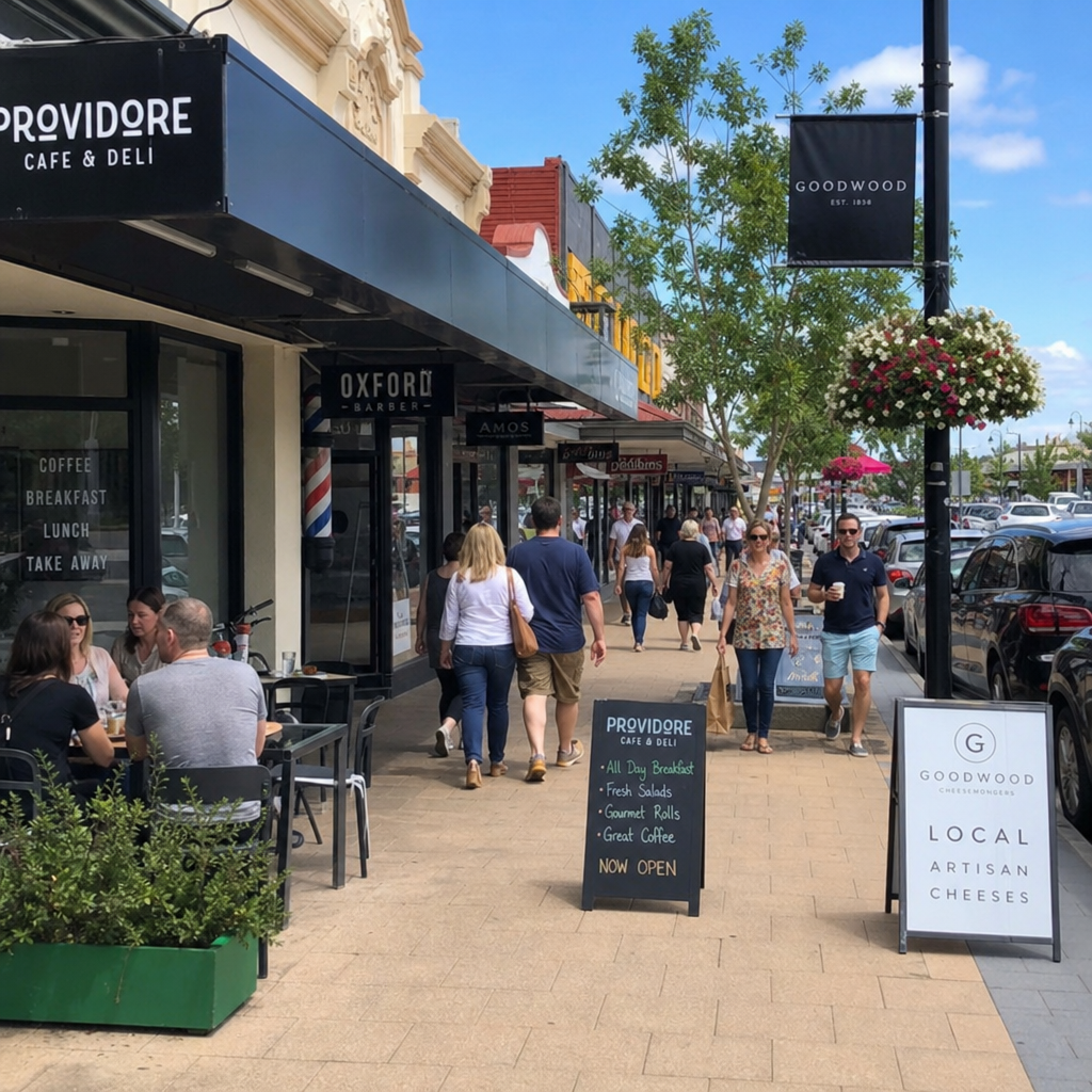 A bustling retail street in an Adelaide suburb showing a thriving local business community