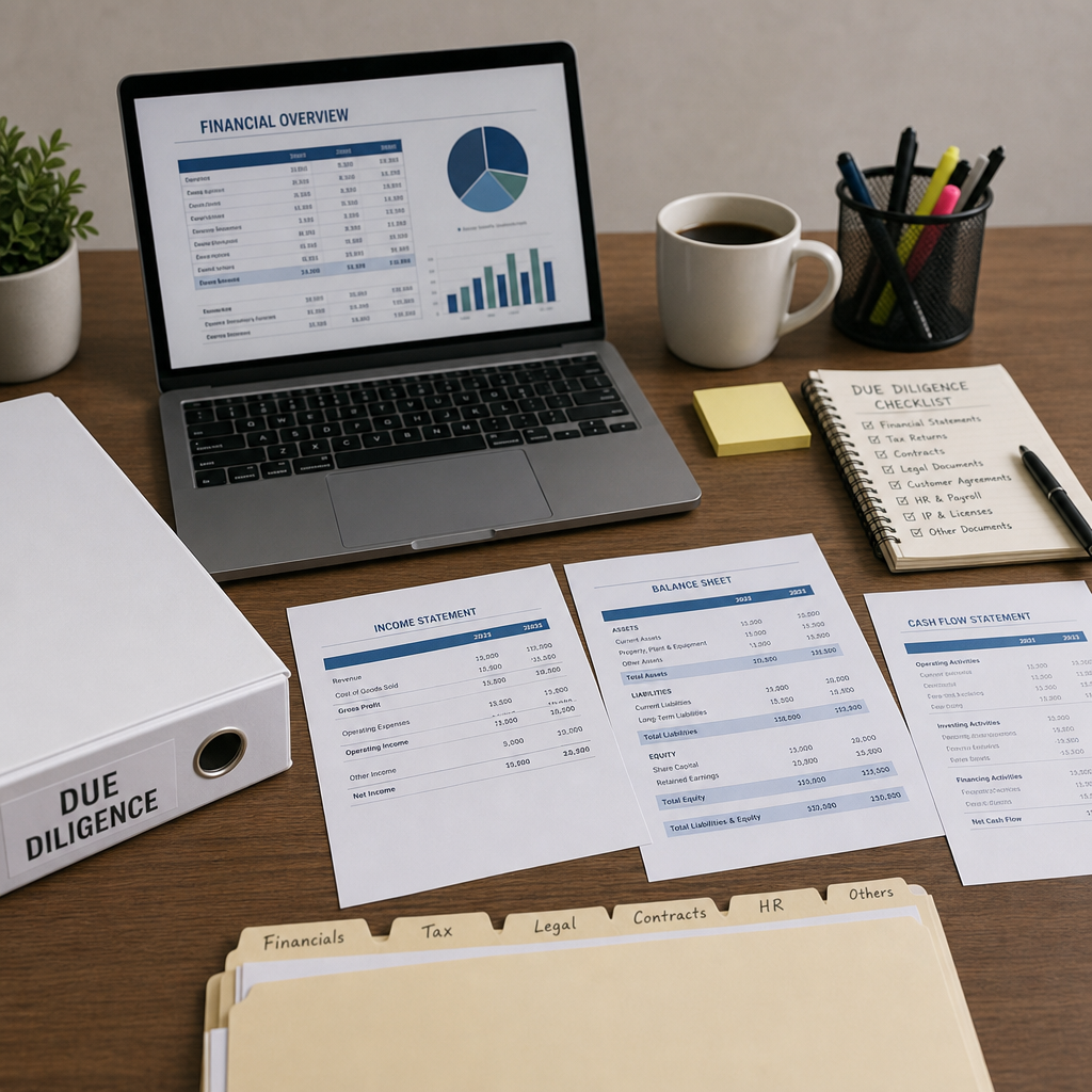 A desk with organized financial documents and a laptop, representing business due diligence