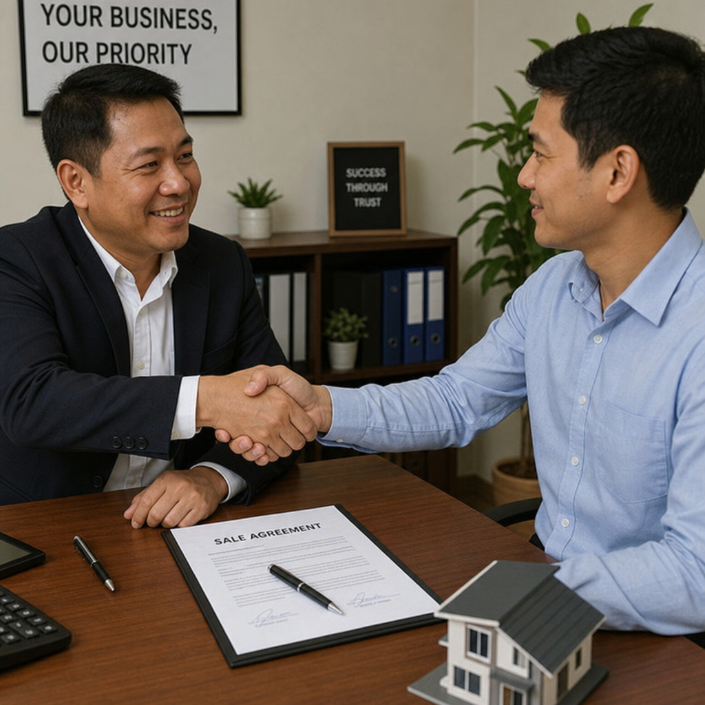 A handshake between a business owner and a buyer across a desk after signing a sale agreement