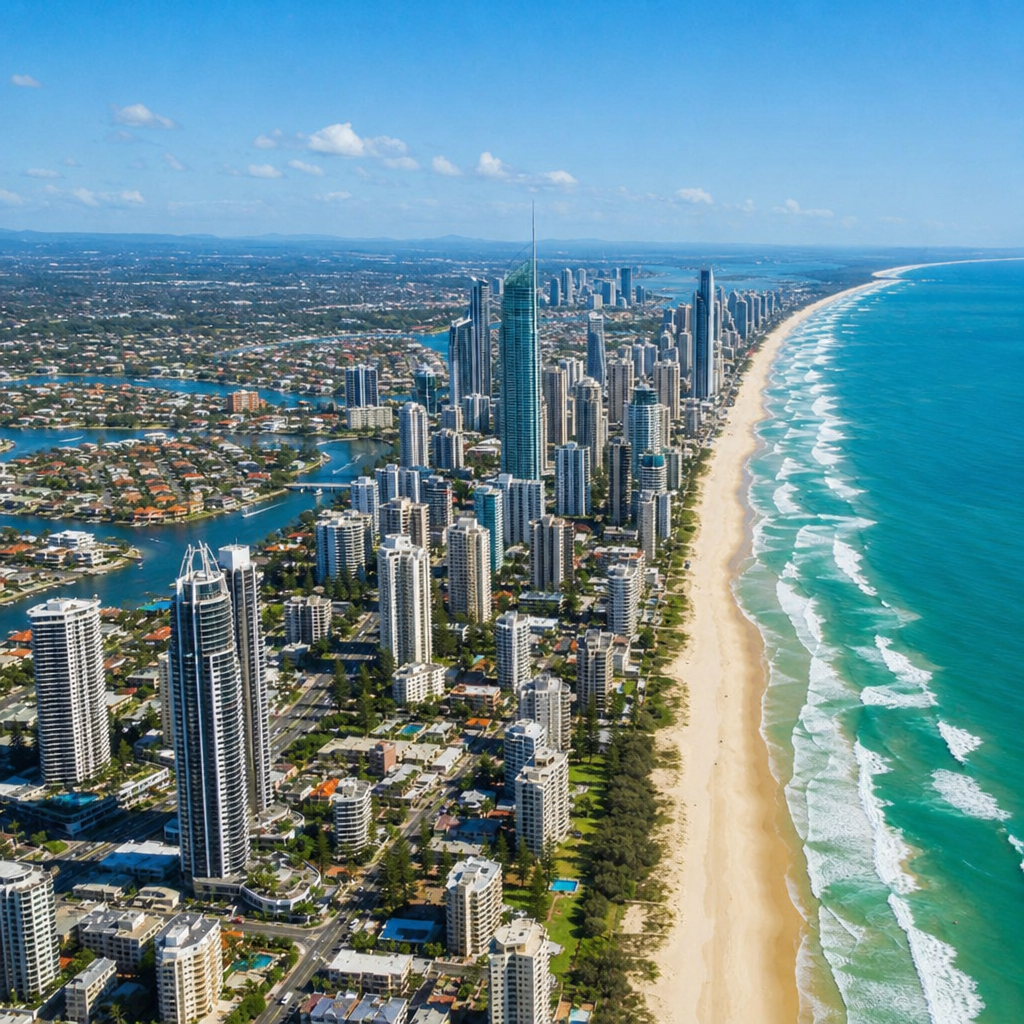 Aerial view of the sunny Gold Coast skyline and vibrant beaches