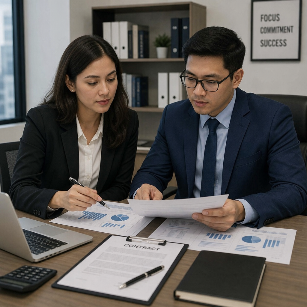Business professionals reviewing financial documents and contracts at a modern desk