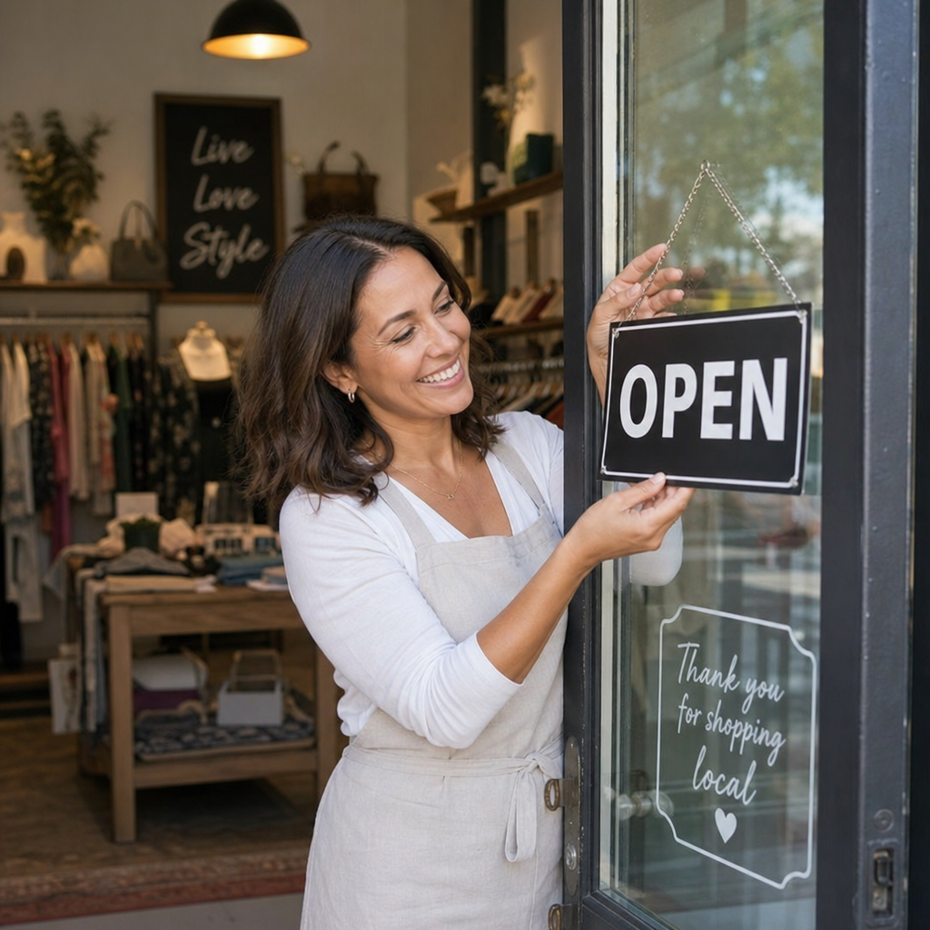 A cheerful business owner turning the open sign on a boutique retail shop