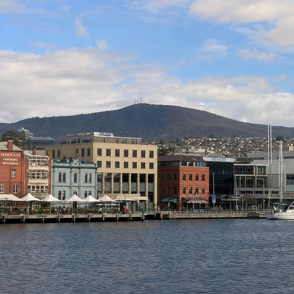 Scenic view of commercial properties along the waterfront in Launceston