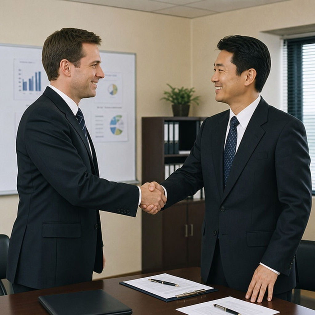 Business professionals shaking hands after a successful business transaction