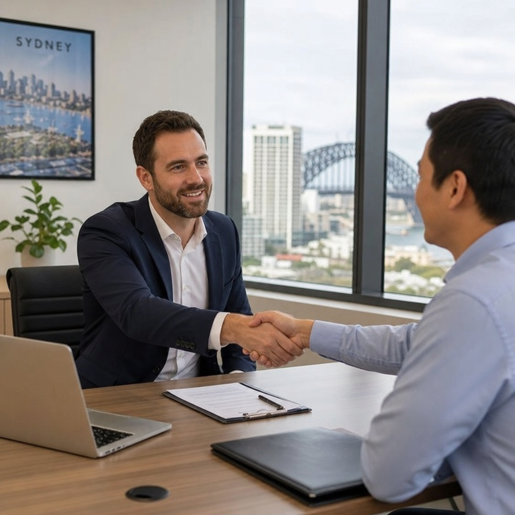 A professional business buyer shaking hands with a seller in a modern Sydney office