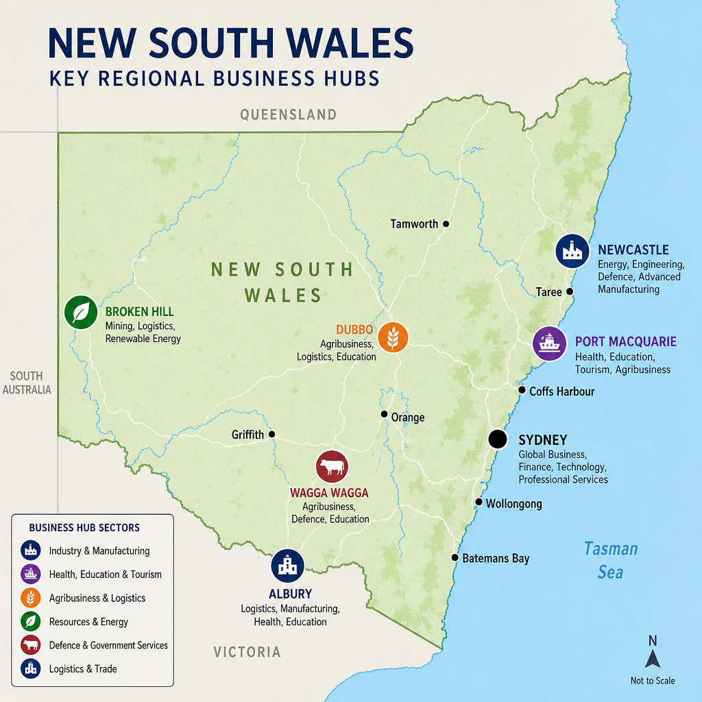 A map of New South Wales highlighting key regional business hubs like Newcastle, Port Macquarie, and Albury
