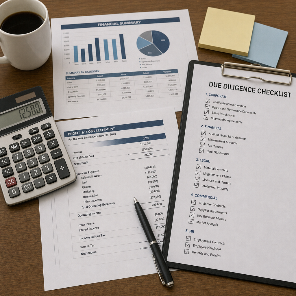 A desk with financial documents, a calculator, and a due diligence checklist