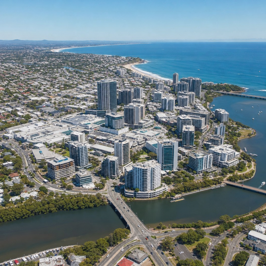 Aerial view of the thriving Maroochydore CBD and coastline on the Sunshine Coast