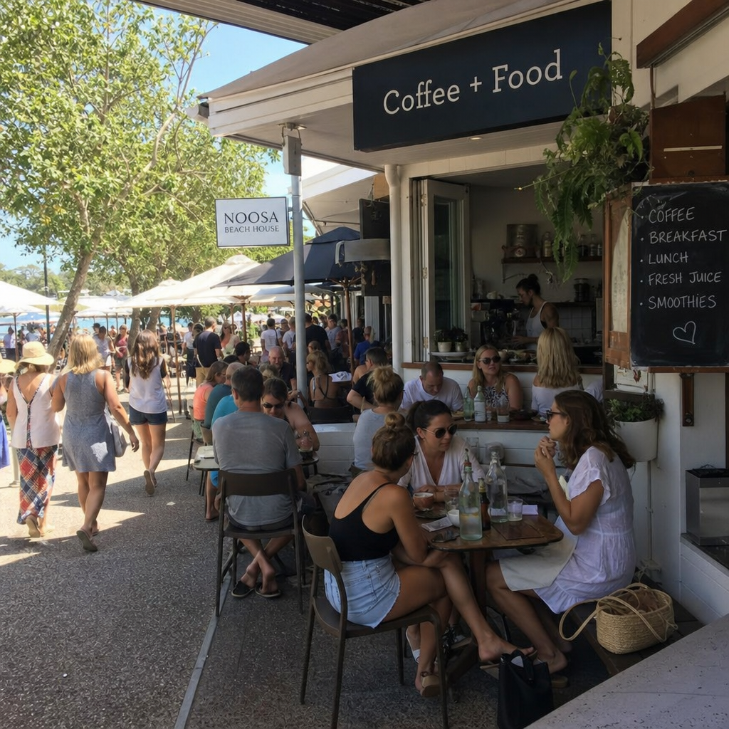 A busy cafe with customers enjoying outdoor dining in Noosa