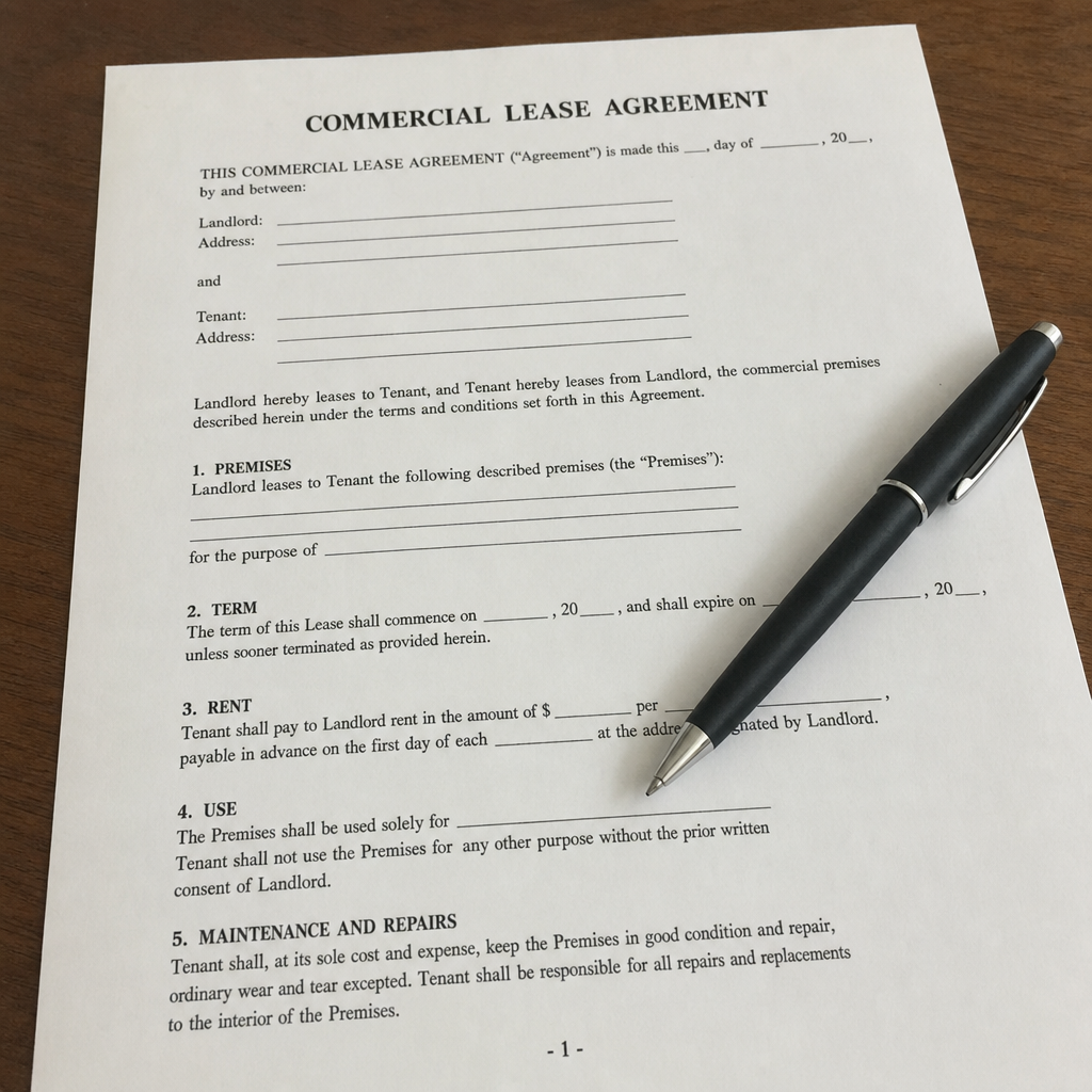 A legal document for a commercial lease with a pen resting on top