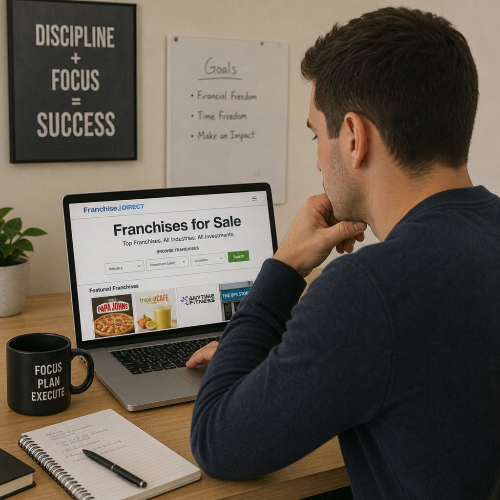 Entrepreneur sitting at a desk researching a franchise for sale on a laptop
