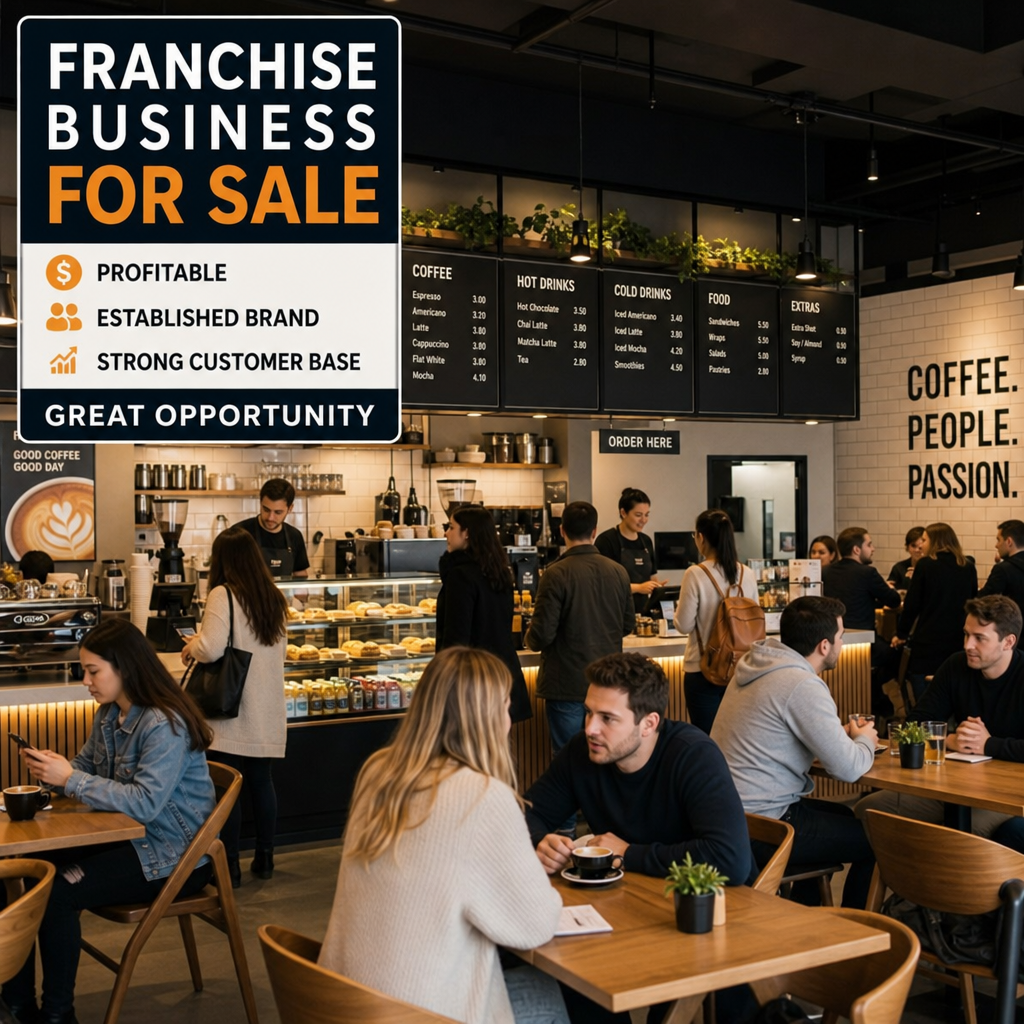 A busy modern cafe representing a bustling franchise business for sale