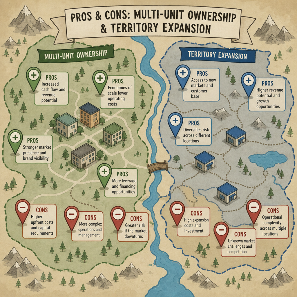 A map with pins showing the pros and cons of multi-unit ownership and territory expansion