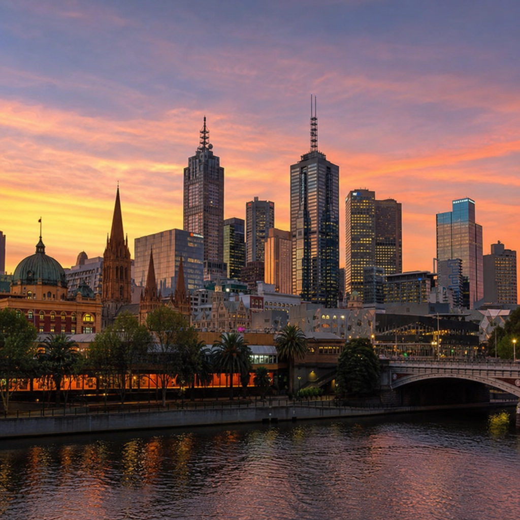 Panoramic view of the Melbourne CBD skyline at sunset