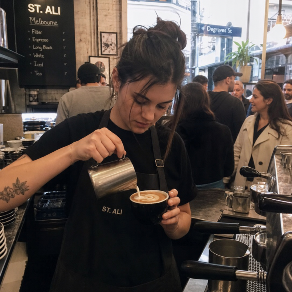 Barista pouring latte art in a bustling Melbourne cafe