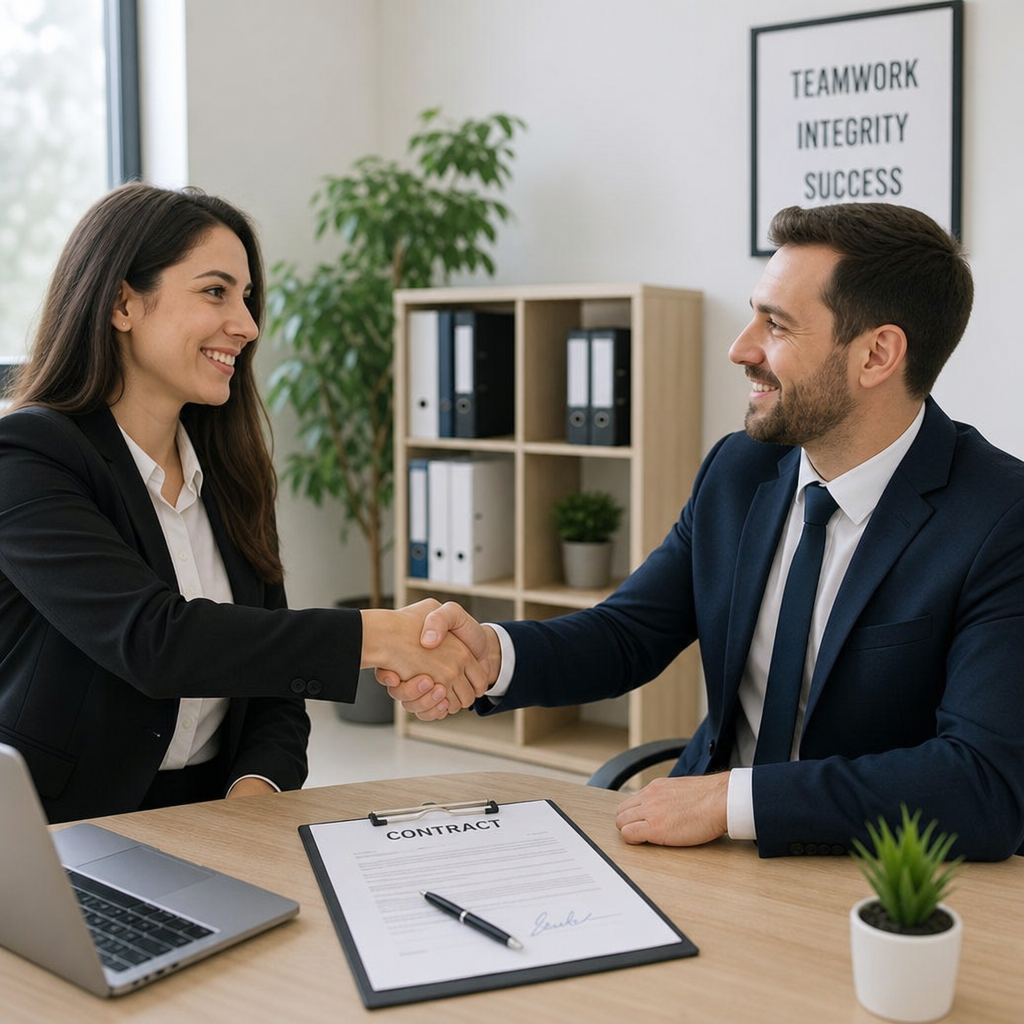 Two business professionals shaking hands over a signed contract in a bright office