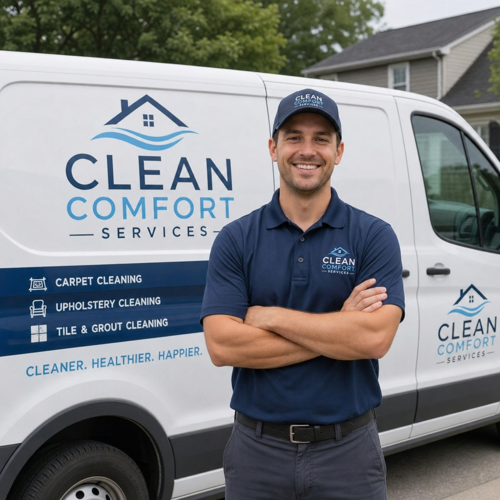 A smiling small business owner standing in front of a branded service van