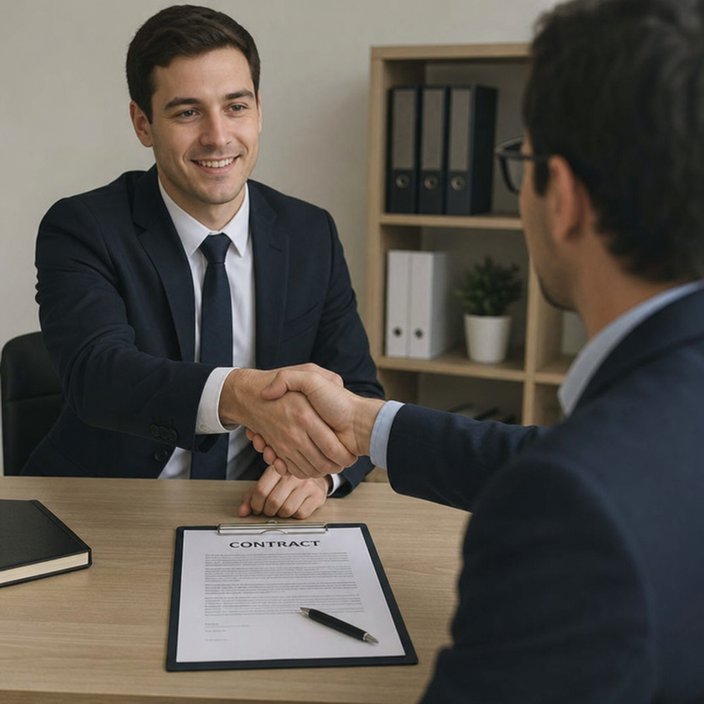 Two people shaking hands over a business contract across a desk