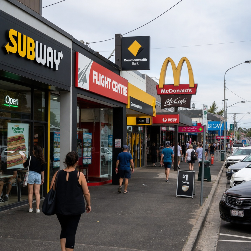 A busy Australian shopping strip featuring various popular franchise store fronts