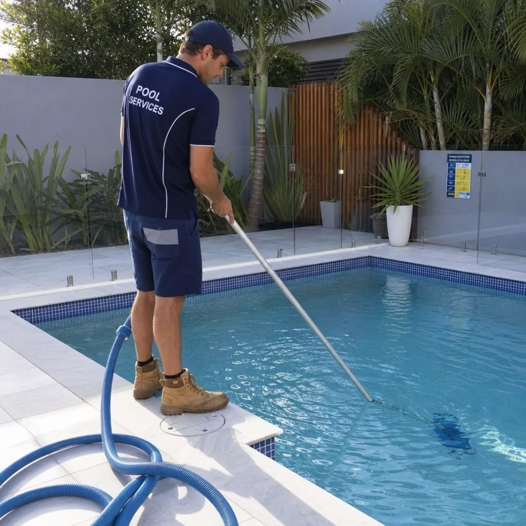 A professional pool cleaner servicing a backyard swimming pool in Australia