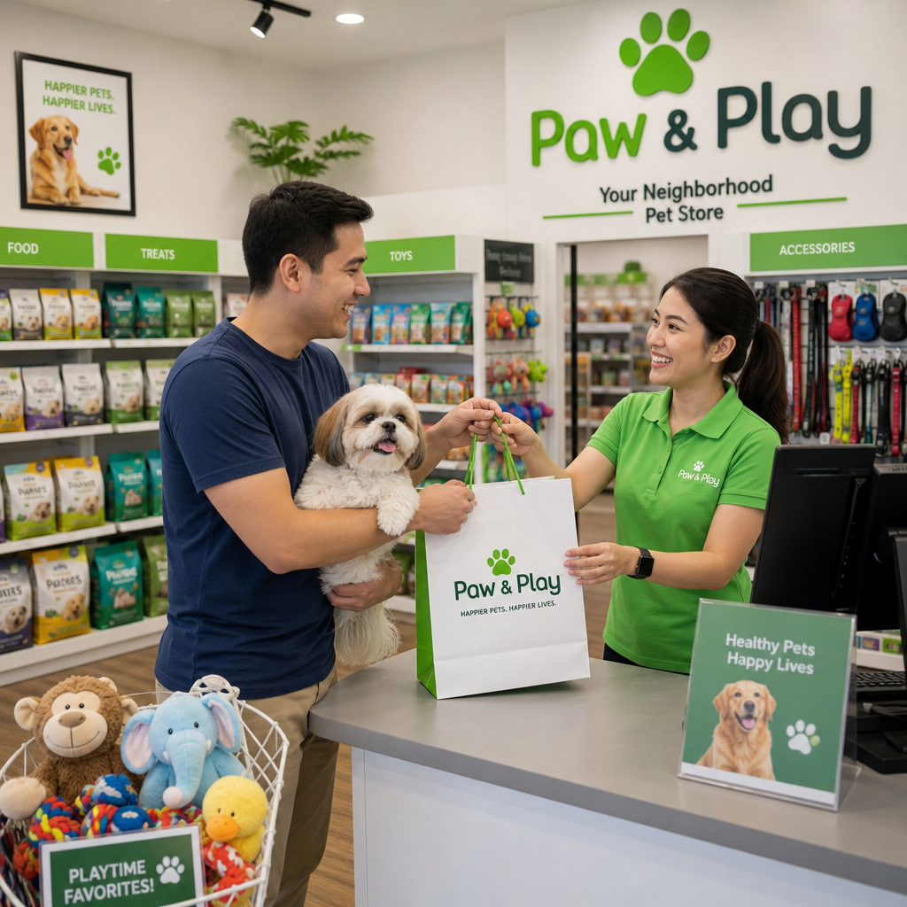 A happy pet owner purchasing supplies from a bright, modern pet franchise store