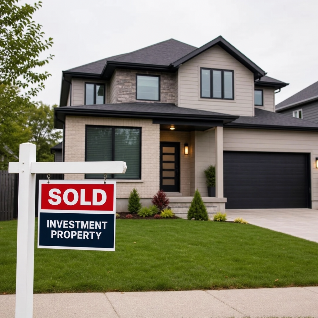 Modern residential home with a sold sign, representing buying an investment property