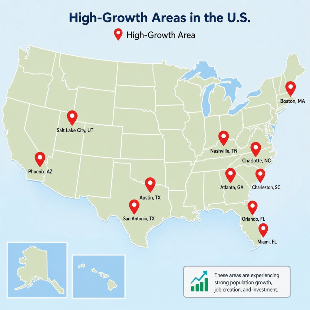 A map with location pins highlighting high-growth areas
