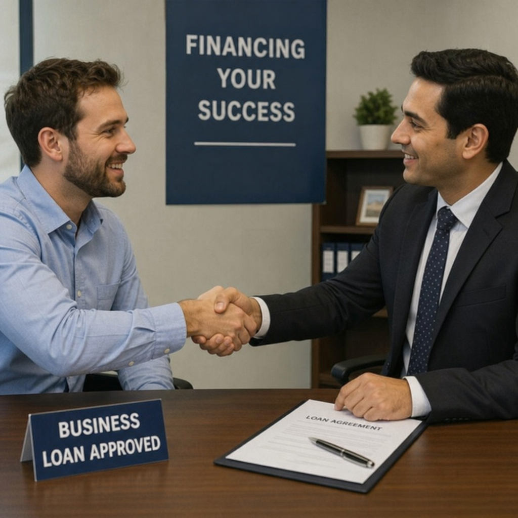 Entrepreneur shaking hands with a lender after securing business loans for buying a business