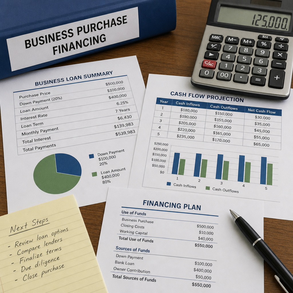 Business documents and a calculator illustrating financing a business purchase