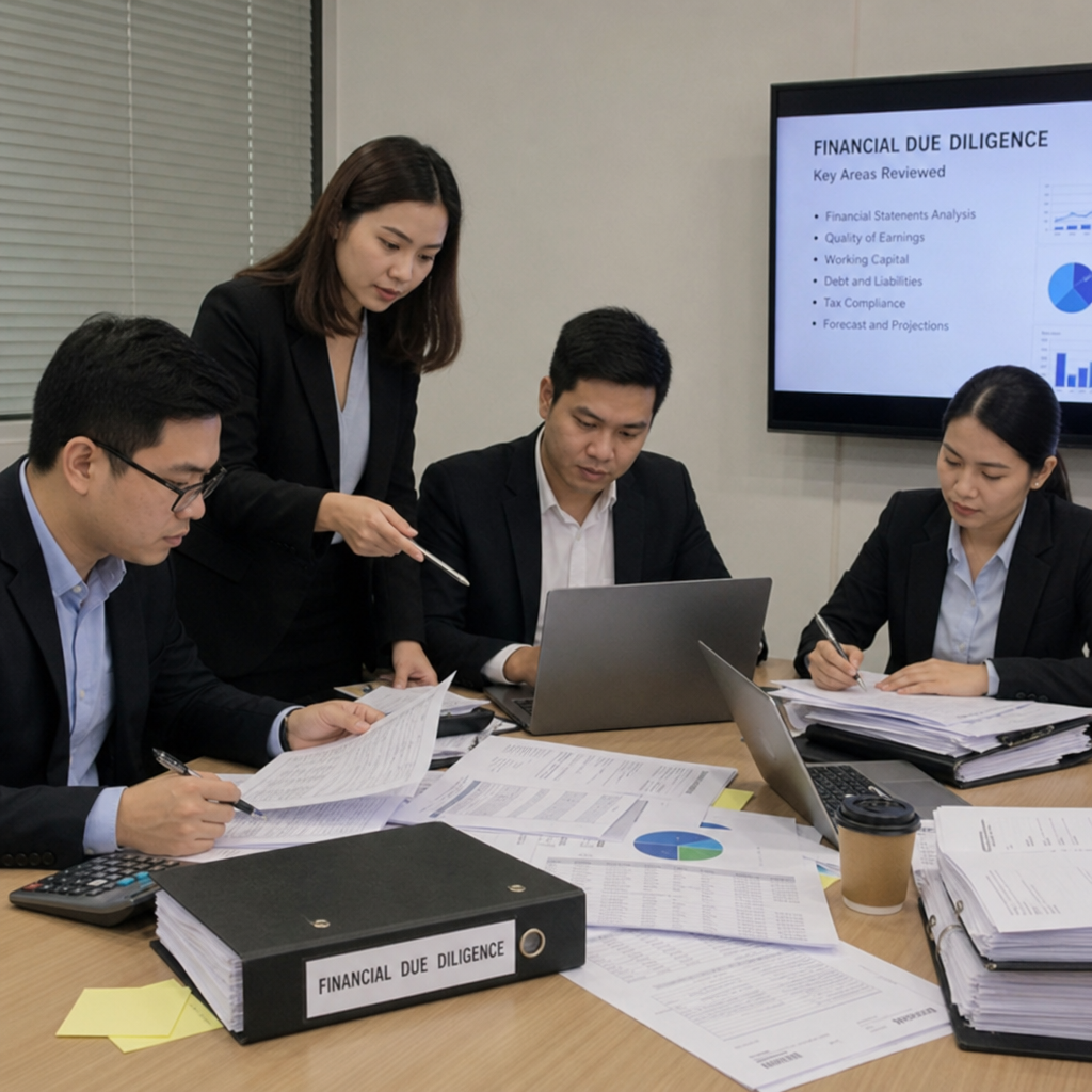 Team of accountants conducting financial due diligence for lenders