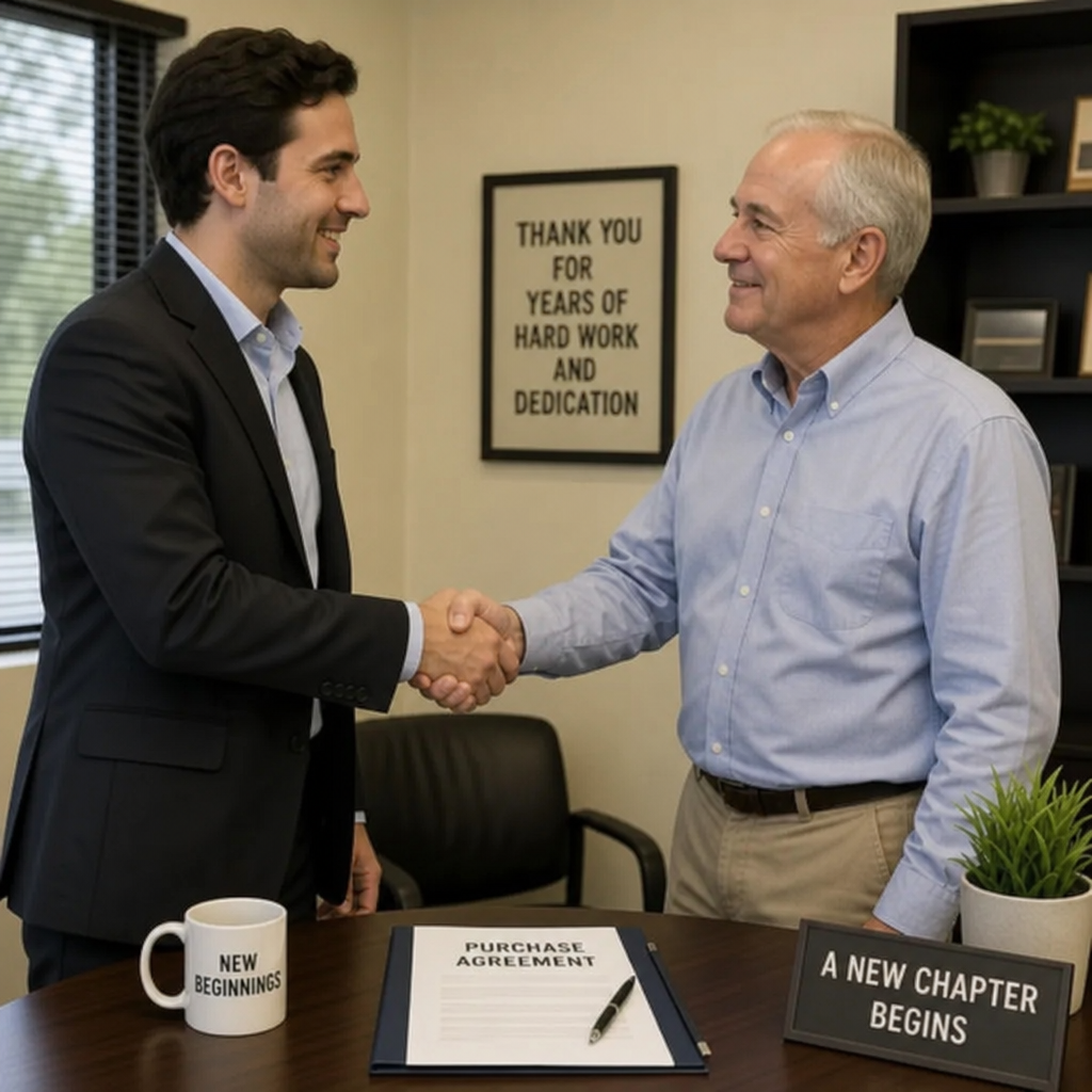 Entrepreneur shaking hands with a retiring business owner after a successful deal