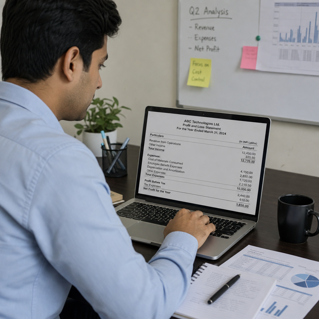 Financial analyst reviewing corporate profit and loss statements on a laptop