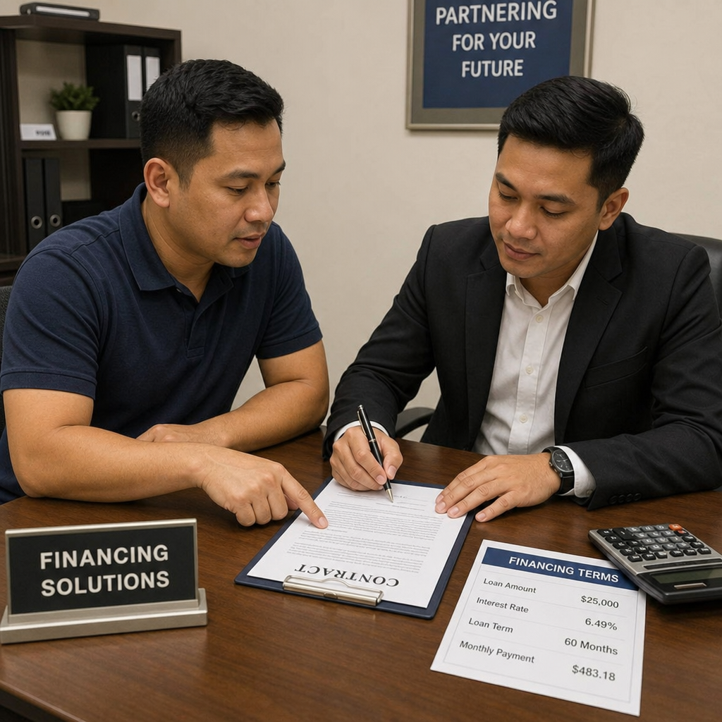 A buyer and seller reviewing financing terms and signing a contract