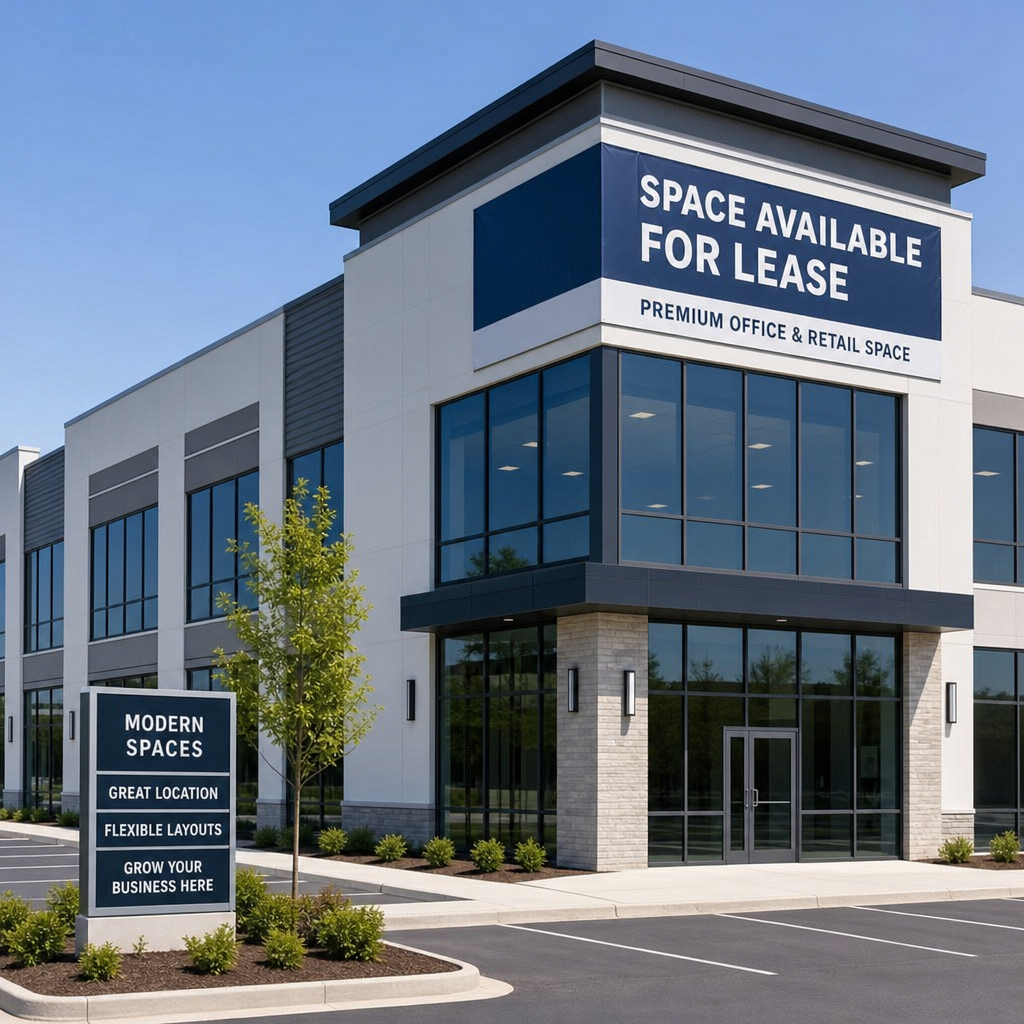 A modern, bright commercial building with large glass windows ready for new business tenants in English